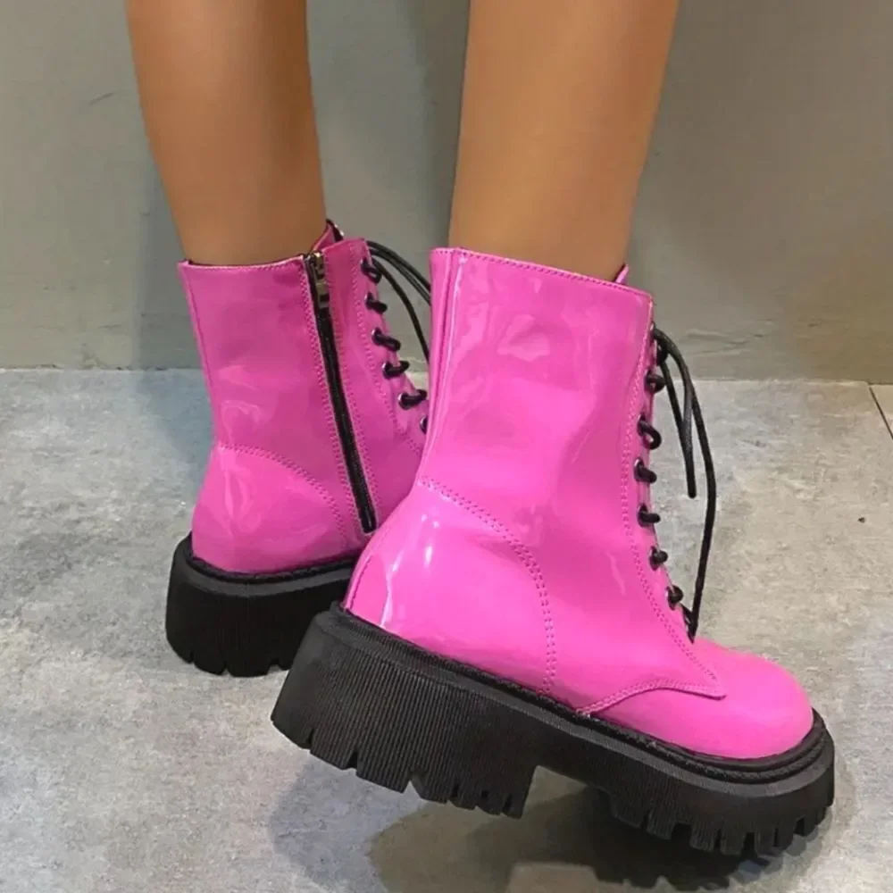 Ladies Neon Pink Combat Boots sz 8